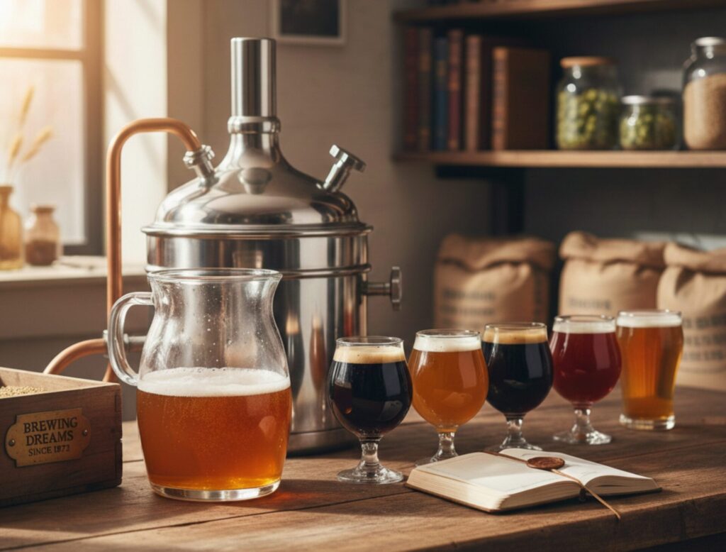 A warm wooden table with a filght of 5 beers and a pitcher half full of beer.